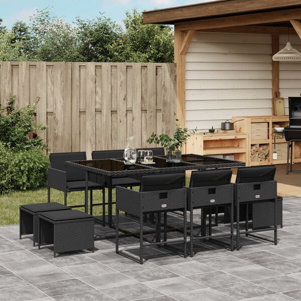 vidaXL 11 Piece Garden Dining Set with Cushions Black Poly Rattan