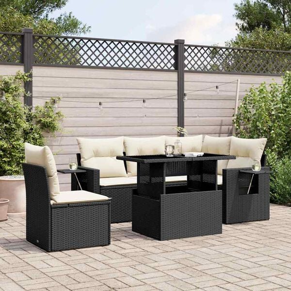 vidaXL 6 Piece Garden Sofa Set with Cushions Black Poly Rattan