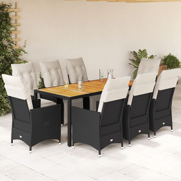 vidaXL 9 Piece Garden Dining Set with Cushions Black Poly Rattan