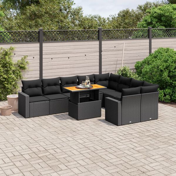 vidaXL 10 Piece Garden Sofa Set with Cushions Black Poly Rattan