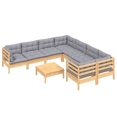 vidaXL 9 Piece Garden Lounge Set with Grey Cushions Pinewood