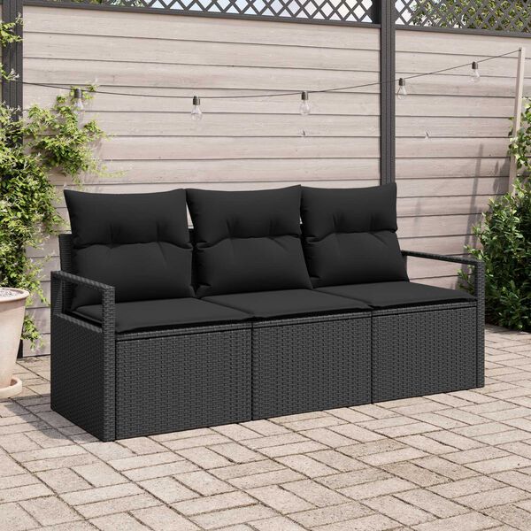 vidaXL Garden Sofa Set with Cushion 3 pcs Black Poly Rattan