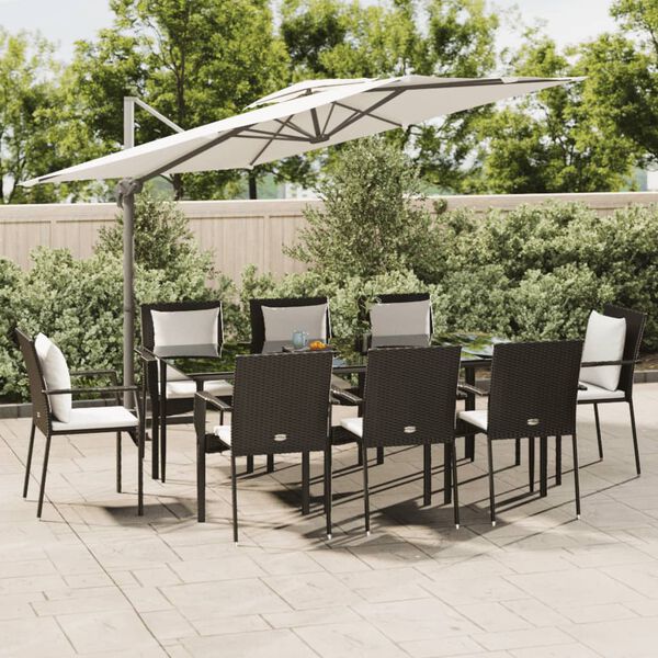 vidaXL 9 Piece Garden Dining Set with Cushions Black Poly Rattan