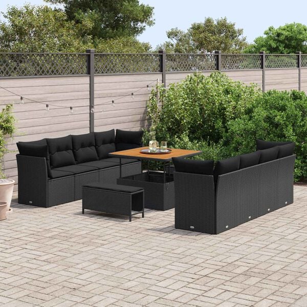 vidaXL Garden Sofa Set Height-Adjustable 11 pcs Black Poly Rattan