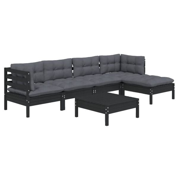 vidaXL 6 Piece Garden Lounge Set with Cushions Black Pinewood