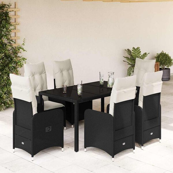 vidaXL 7 Piece Garden Bistro Set with Cushions Black Poly Rattan