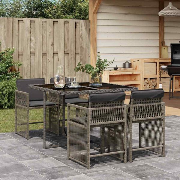 vidaXL 5 Piece Garden Dining Set with Cushions Grey Poly Rattan