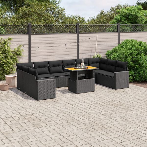 vidaXL 11 Piece Garden Sofa Set with Cushions Black Poly Rattan