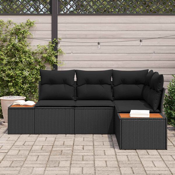 vidaXL Garden Sofa Set with Cushion 4 pcs Black Poly Rattan