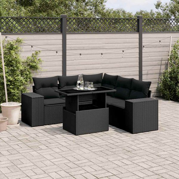 vidaXL 6 Piece Garden Sofa Set with Cushions Black Poly Rattan