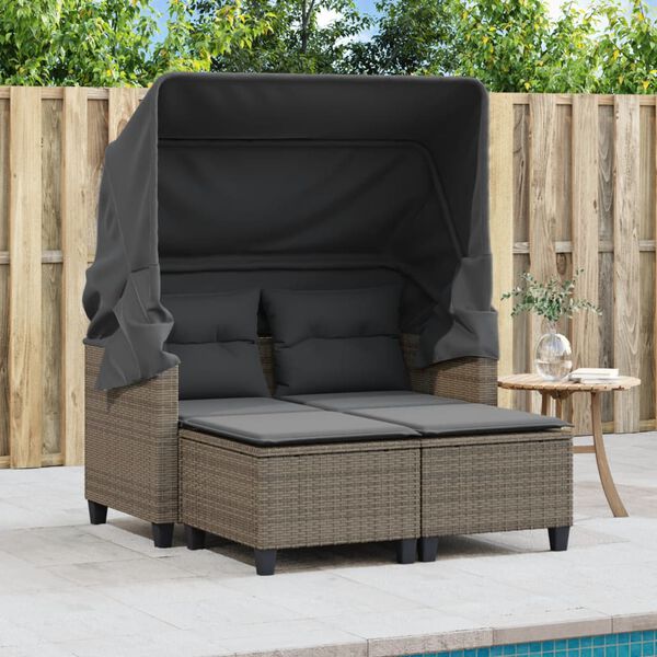 vidaXL Garden Sofa 2-Seater with Canopy and Stools Grey Poly Rattan