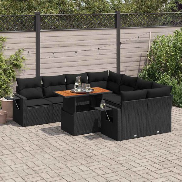 vidaXL 9 Piece Garden Sofa Set with Cushions Black Poly Rattan