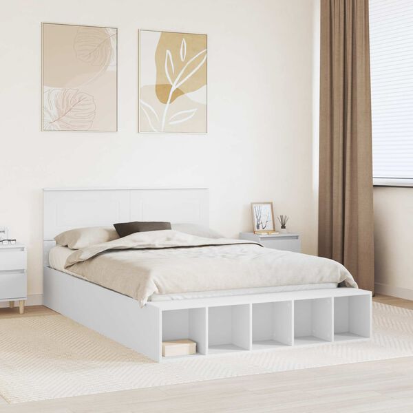 vidaXL Bed Frame with Shelf Manual White 150 x 200 cm Engineered Wood
