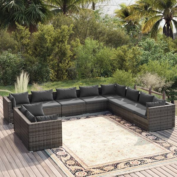 vidaXL 10 Piece Garden Lounge Set with Cushions Grey Poly Rattan