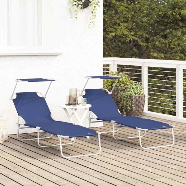 vidaXL Folding Sun Lounger with Canopy Steel and Fabric Blue