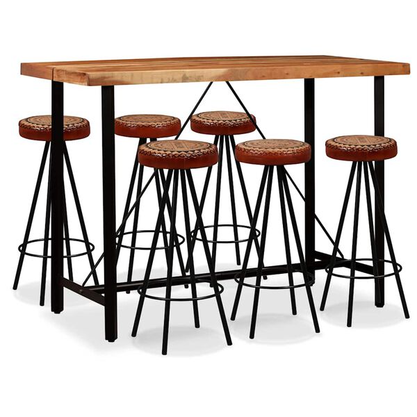 vidaXL Bar Set 7 Pieces Solid Wood Acacia. Genuine Leather & Canvas