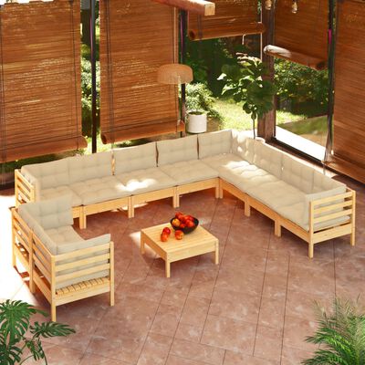 vidaXL 11 Piece Garden Lounge Set with Cream Cushions Solid Pinewood