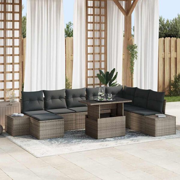 vidaXL Garden Sofa Set with Storage 9 pcs Grey Poly rattan
