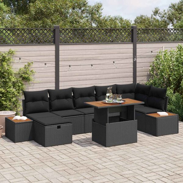 vidaXL Garden Sofa Set Height-Adjustable 8 pcs Black Poly Rattan