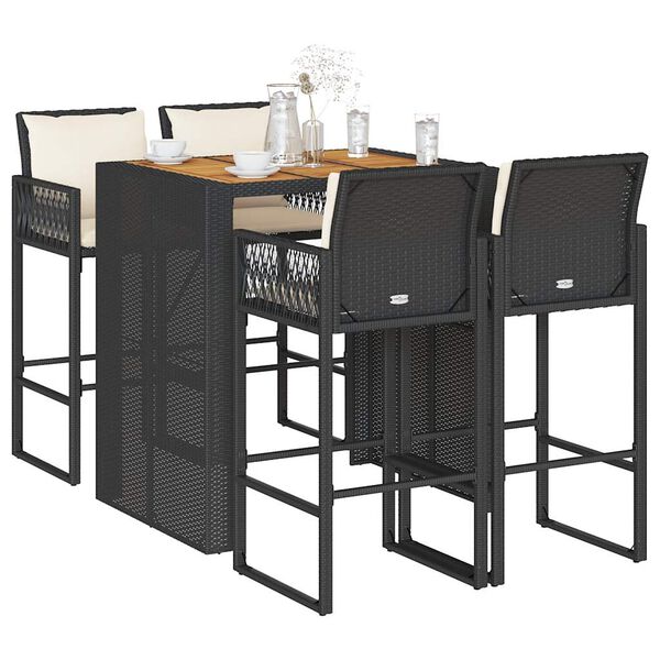 vidaXL 5 Piece Garden Bar Set with Cushions Black Poly Rattan Acacia