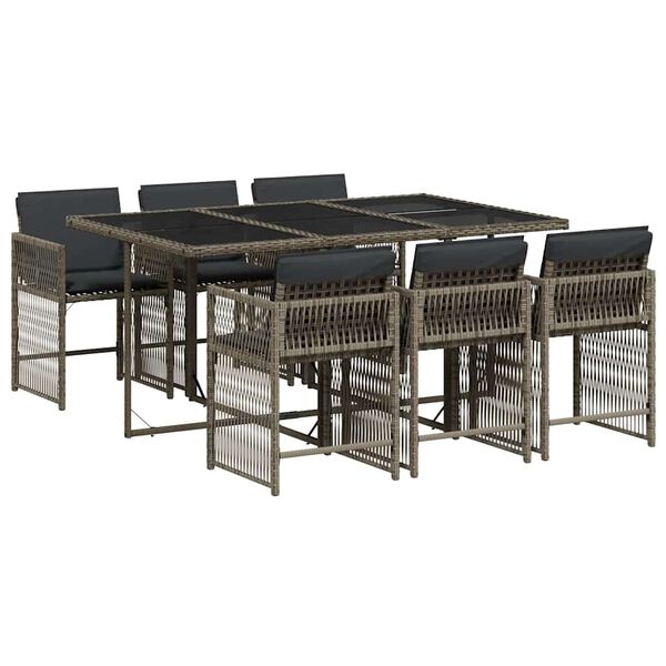 vidaXL 7 Piece Garden Dining Set with Cushions Grey Poly Rattan