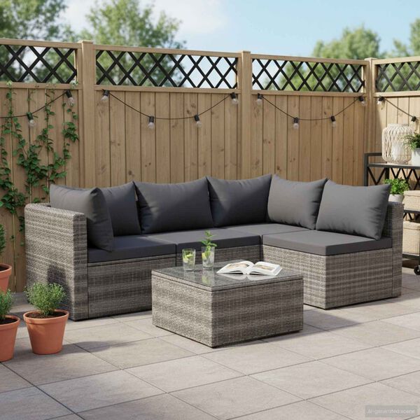 vidaXL 5 Piece Garden Sofa Set with Cushions & Pillows Poly Rattan Grey