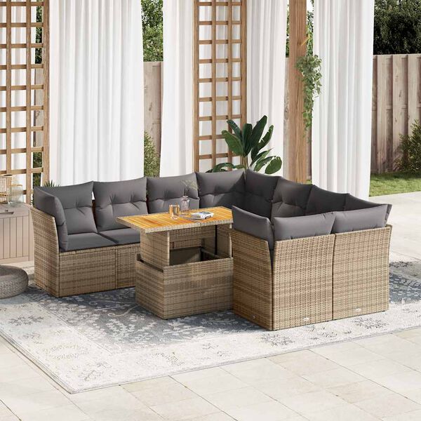 vidaXL 9 Piece Garden Sofa Set with Cushions Beige Poly Rattan