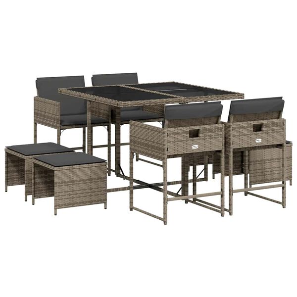 vidaXL 9 Piece Garden Dining Set with Cushions Grey Poly Rattan