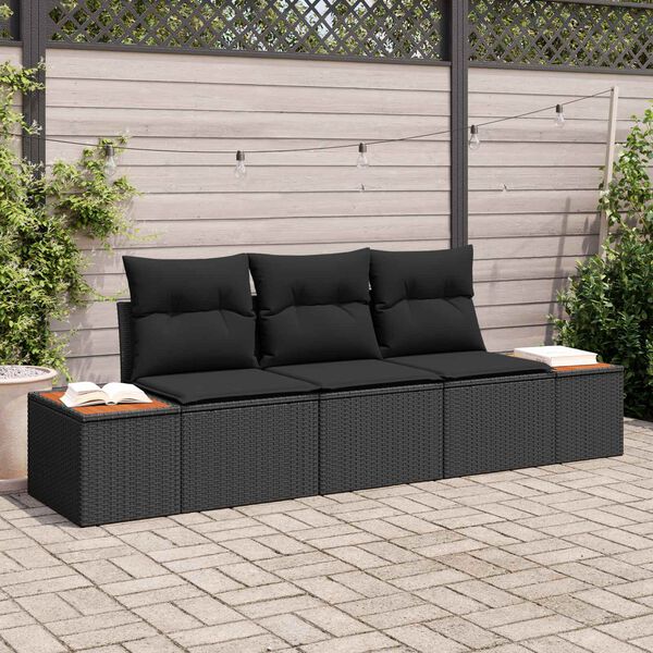 vidaXL Garden Sofa Set with Cushion 3 pcs Black Poly rattan