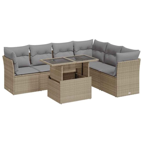 vidaXL 7 Piece Garden Sofa Set with Cushions Beige Poly Rattan
