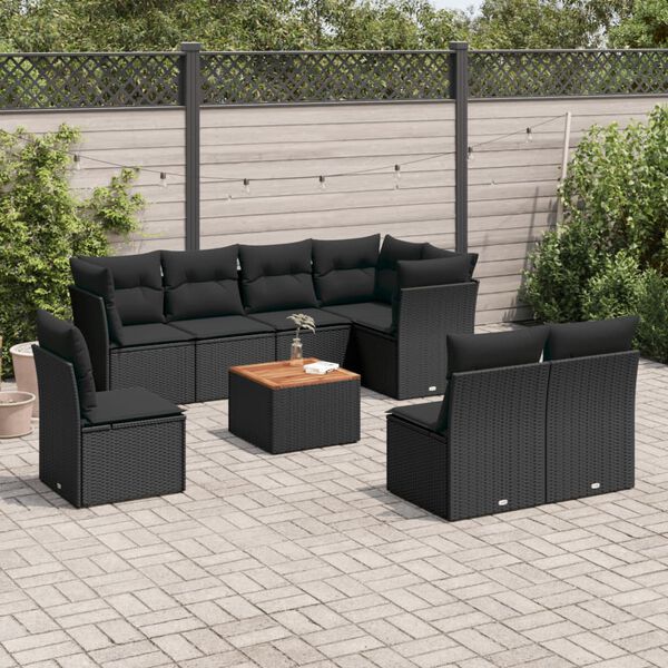 vidaXL 9 Piece Garden Sofa Set with Cushions Black Poly Rattan
