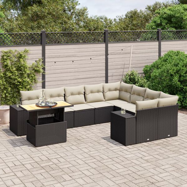 vidaXL 10 Piece Garden Sofa Set with Cushions Black Poly Rattan
