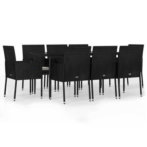 vidaXL 9 Piece Garden Dining Set with Cushions Black Poly Rattan