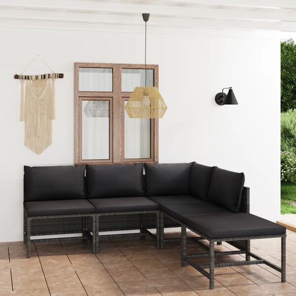 vidaXL 5 Piece Garden Lounge Set with Cushions Poly Rattan Grey