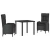 vidaXL Garden Dining Set with Cushion 3 pcs Black Poly Rattan