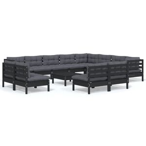 vidaXL 13 Piece Garden Lounge Set with Cushions Black Solid Pinewood