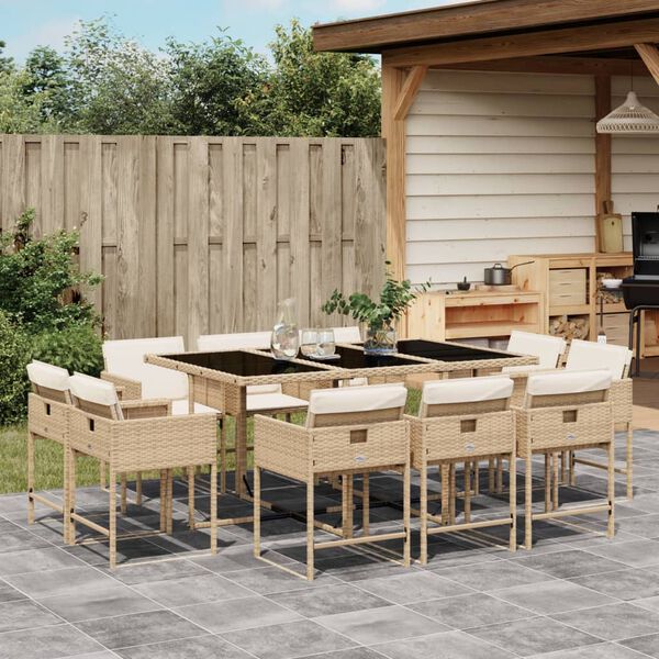 vidaXL 11 Piece Garden Dining Set with Cushions Beige Poly Rattan