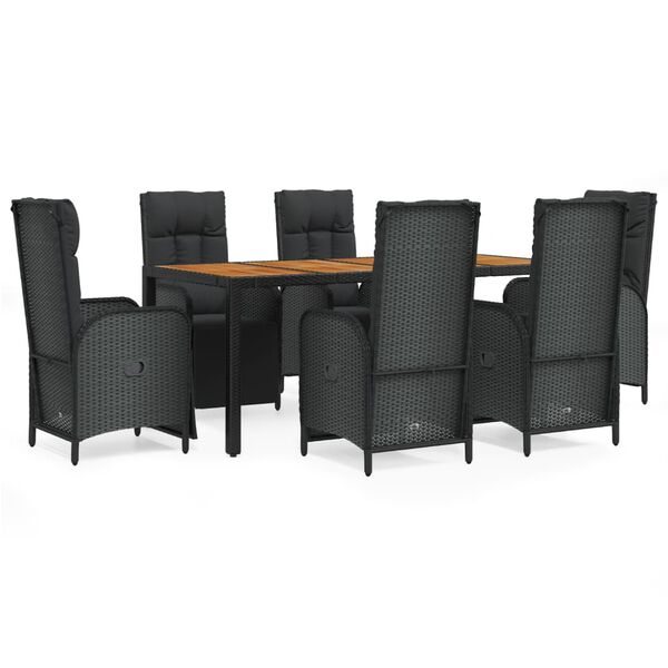 vidaXL 7 Piece Garden Dining Set with Cushions Black Poly Rattan