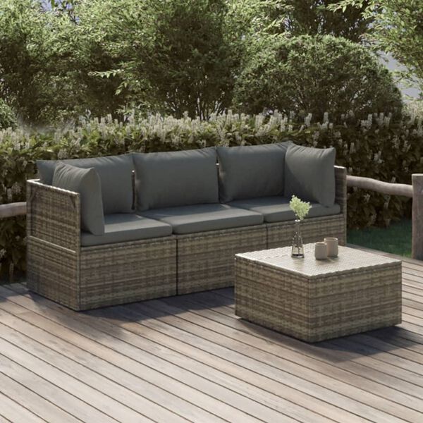 vidaXL 4 Piece Garden Lounge Set with Cushions Grey Poly Rattan