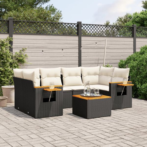 vidaXL 7 Piece Garden Sofa Set with Cushions Black Poly Rattan