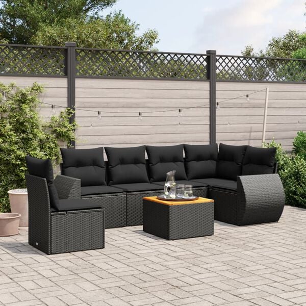vidaXL 7 Piece Garden Sofa Set with Cushions Black Poly Rattan