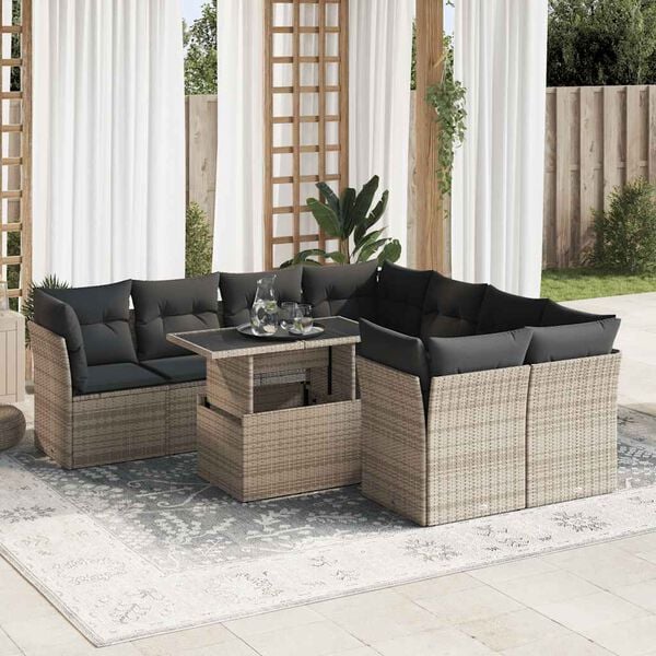 vidaXL 9 Piece Garden Sofa Set with Cushions Grey Poly Rattan