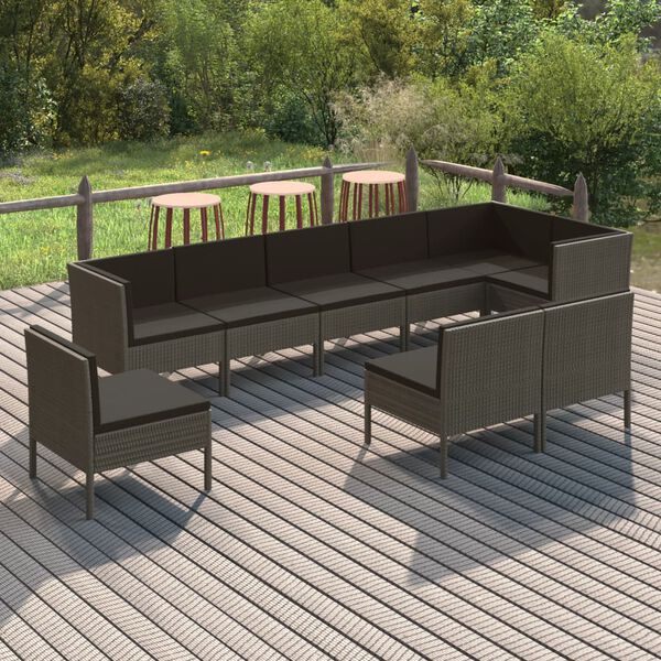 vidaXL 9 Piece Garden Lounge Set with Cushions Poly Rattan Grey