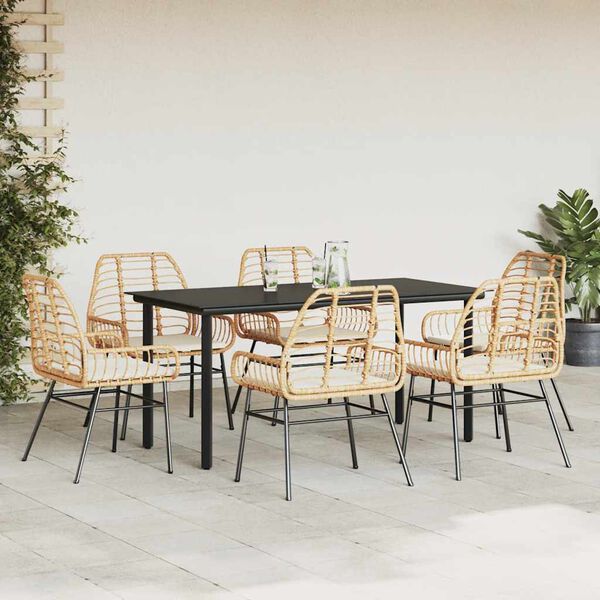 vidaXL 7 Piece Garden Dining Set with Cushions Brown Poly Rattan Glass