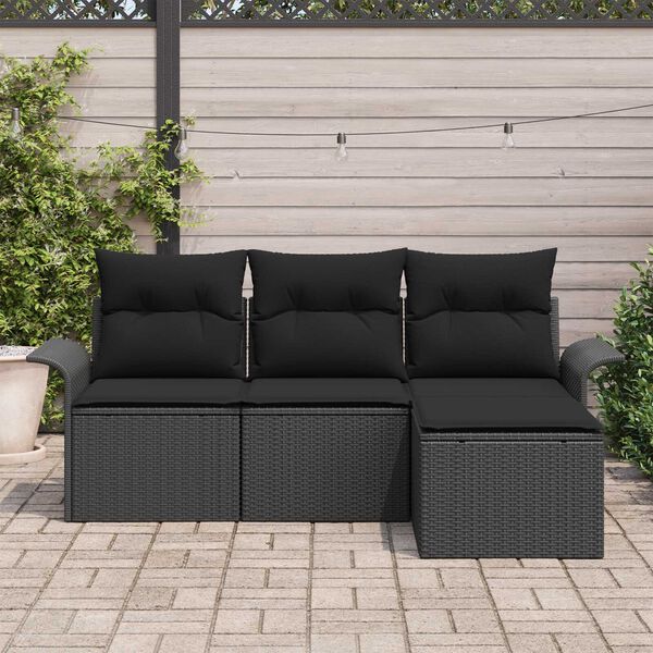vidaXL Sofa Set with Cushion 4 pcs Black Poly Rattan