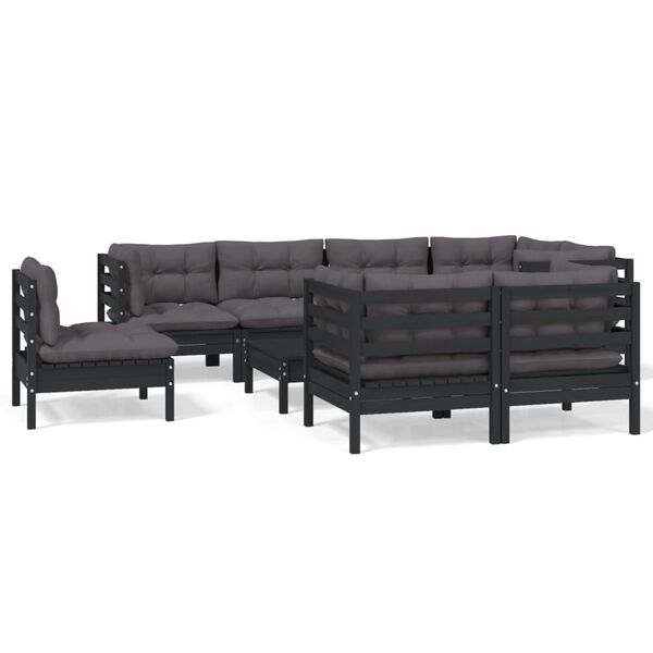 vidaXL 9 Piece Garden Lounge Set with Cushions Black Solid Pinewood