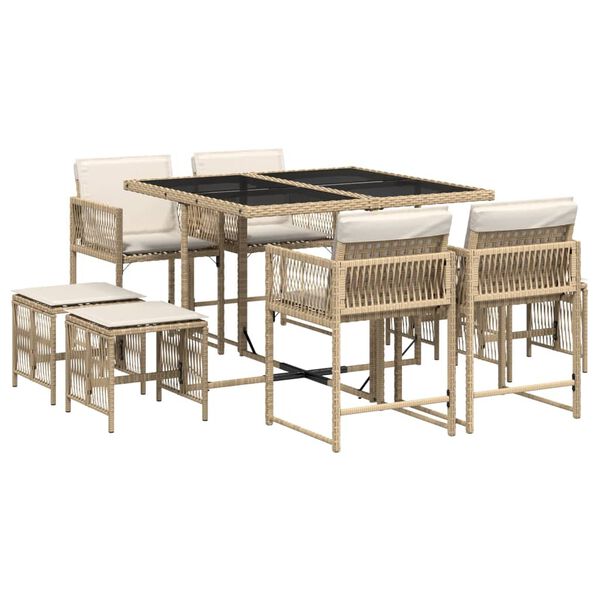 vidaXL 9 Piece Garden Dining Set with Cushions Beige Poly Rattan