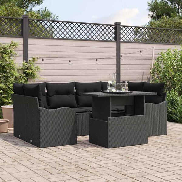 vidaXL Garden Sofa Set with Cushion 7 pcs Black Poly rattan
