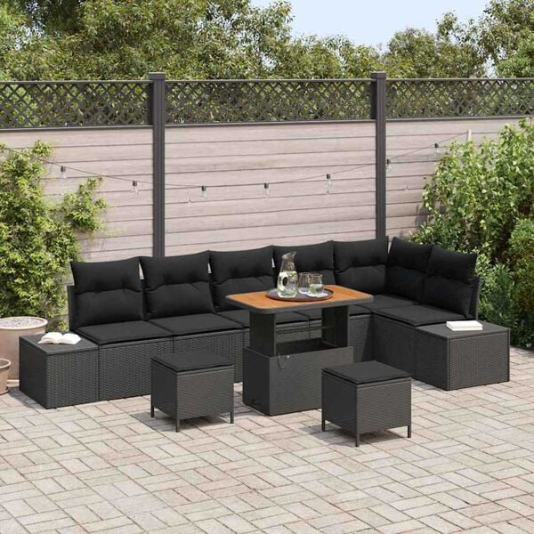 vidaXL Garden Sofa Set with Cushion 9 pcs Black Poly rattan