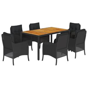 vidaXL 7 Piece Garden Dining Set with Cushions Black Poly Rattan